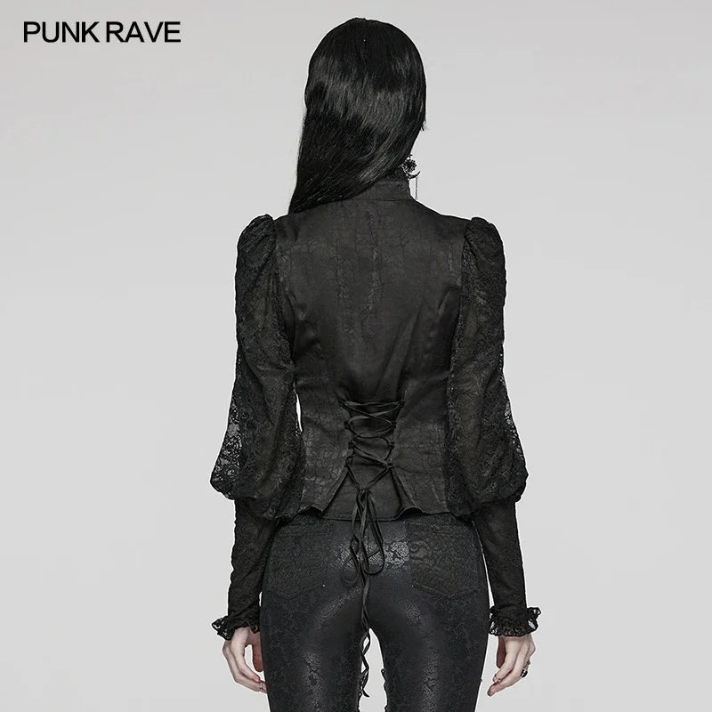 PUNK RAVE Women's Gothic Textured Glossy Gorgeous Shirts Party Club Black Tops Women Clothing