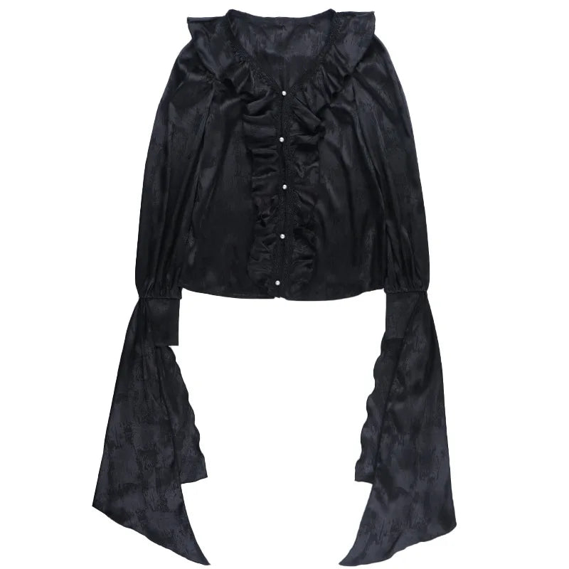 AltGoth Vintage Gothic Black Shirts Women Palace Style Streetwear Y2k E-girl Harajuku V-neck Ruffle Long Sleeve Bluose Cosplay