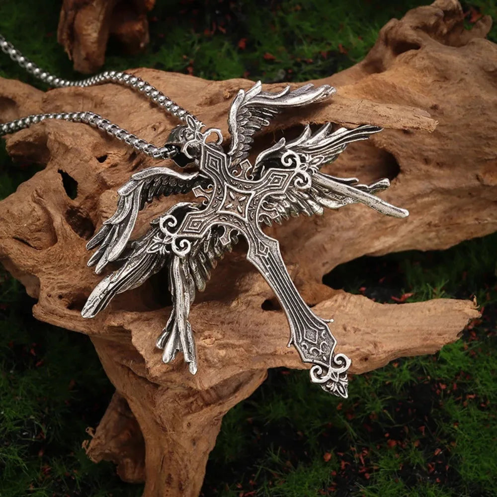 Retro Gothic Jesus Wings Cross Pendant Necklace Jewelry for Men Women Large Vintage Dark Punk Religious Amulet Necklaces Gifts