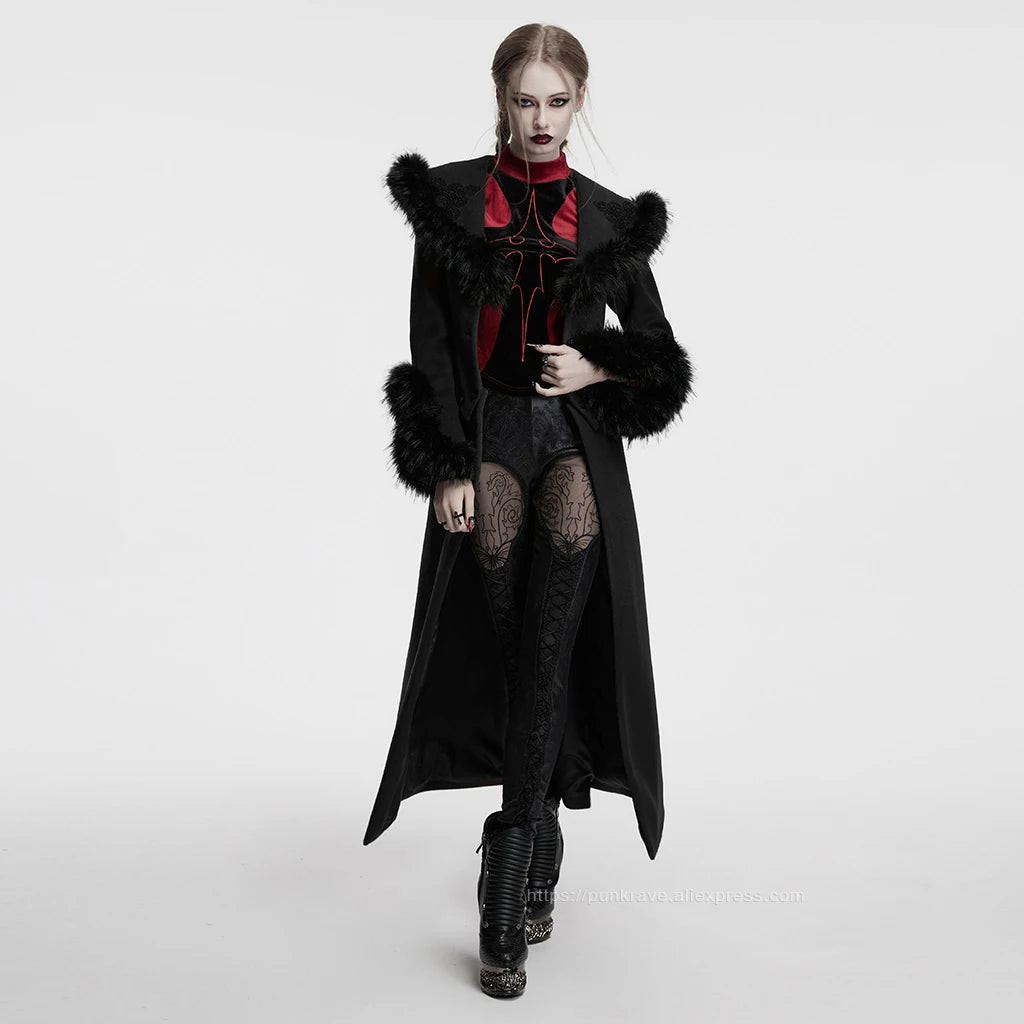 PUNK RAVE Women's Detachable Fur Collar & Hem Two-piece Jacket Gothic Atmosphere Adjustable Waist Long Coat Fall Winter