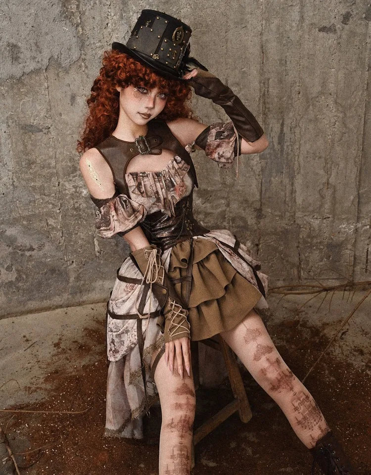 Blood Supply Summer Vintage Hollow Out All Match Brown Faux Leather Tank Birdcage Gothic Punk Lace-up Sleeveless Jacket Top