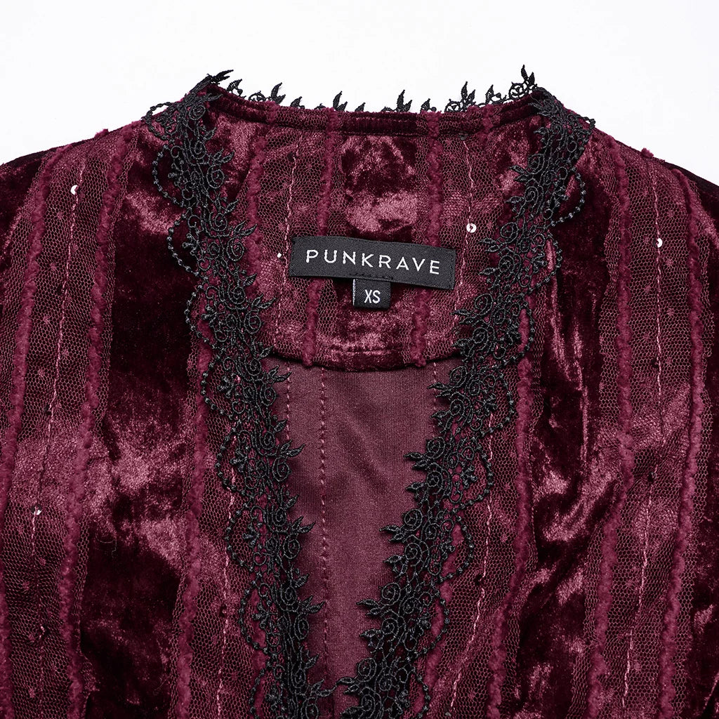 PUNK RAVE Women's Lace Embroidered Velvet Classic Gigot Sleeves Shirt  Retro Layering Adjustable Rope Sexy Slim Tops Coven Couture Collective