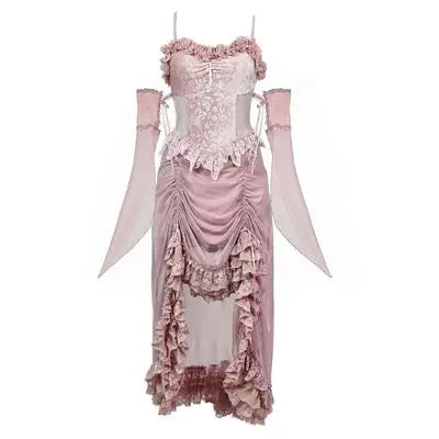 Blood Supply Original Pink Light Lolita Summer Dress Drawstring Asymmetric Slip Dress Lace Fly Sleeve Mesh Fairy Gothic Dress