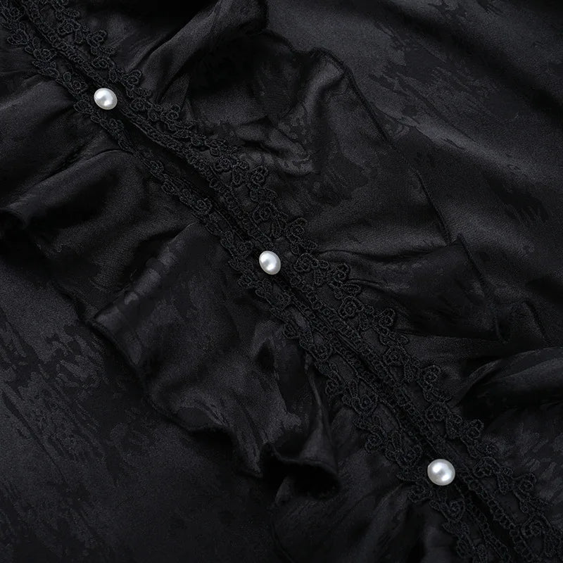 AltGoth Vintage Gothic Black Shirts Women Palace Style Streetwear Y2k E-girl Harajuku V-neck Ruffle Long Sleeve Bluose Cosplay