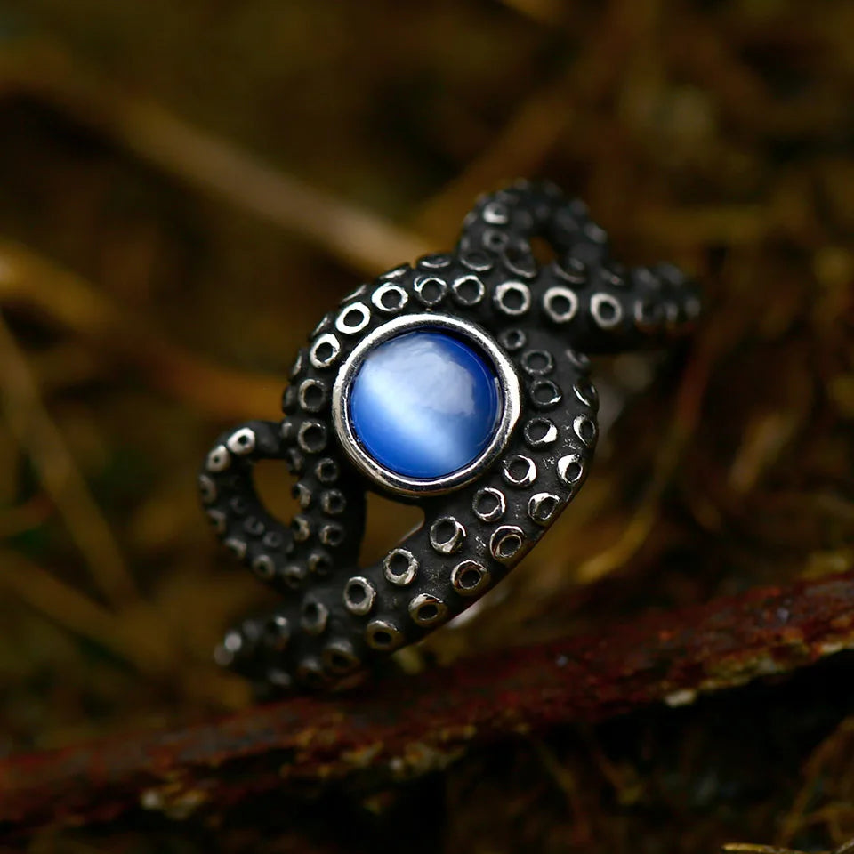 Antique Style Stainless Steel Men's Ring with Skull Octopus Design Gemstone Inlay Retro Punk Gothic Biker Fashion Jewelry