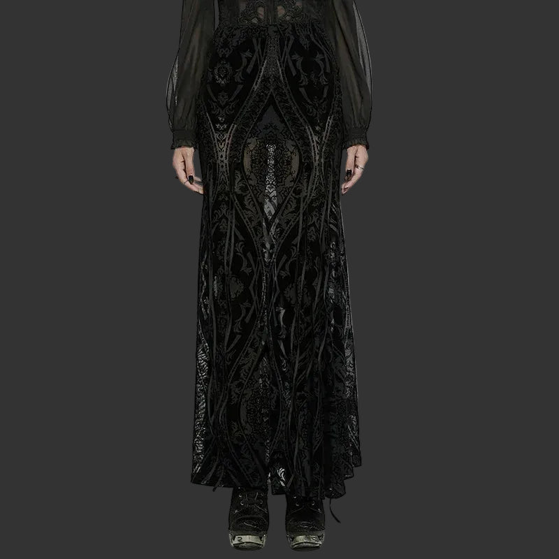 PUNK RAVE Women's Gothic Gorgeous Pattern Patterned Flocked Mesh Skirt Lace Vintage Black Long Skirts Women Clothing Coven Couture Collective