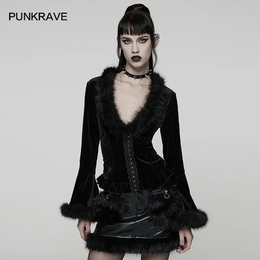 PUNK RAVE Women's Gothic Sunny Velvet Furry V-neck Cardigan Split Flared Sleeves Elegant Charm Women Sexy Dark Tops Shirts