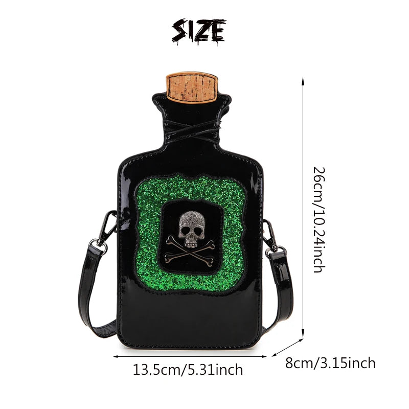 Gothic Kitsch Poison Bottle Shaped Handbag and Purse for Women Dark Lolita Skull Decoration Punk Goth Style Girls Shoulder Bags