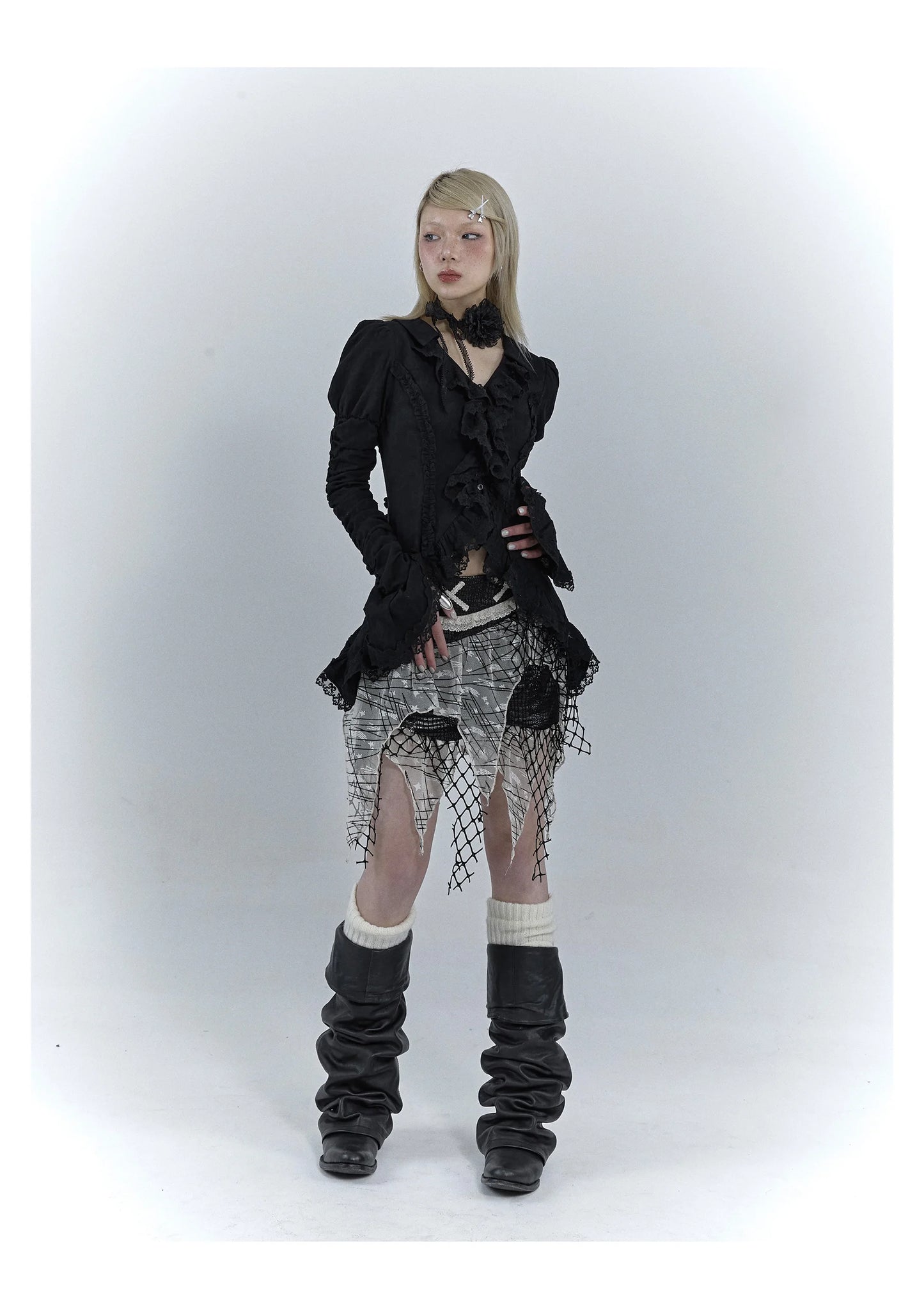 Karrcat Gothic Black Lace Shirt Dark Aesthetic Irregular Blouses Yamamoto Style Grunge Flare Sleeve V-neck Shirt Vintage Y2k Emo