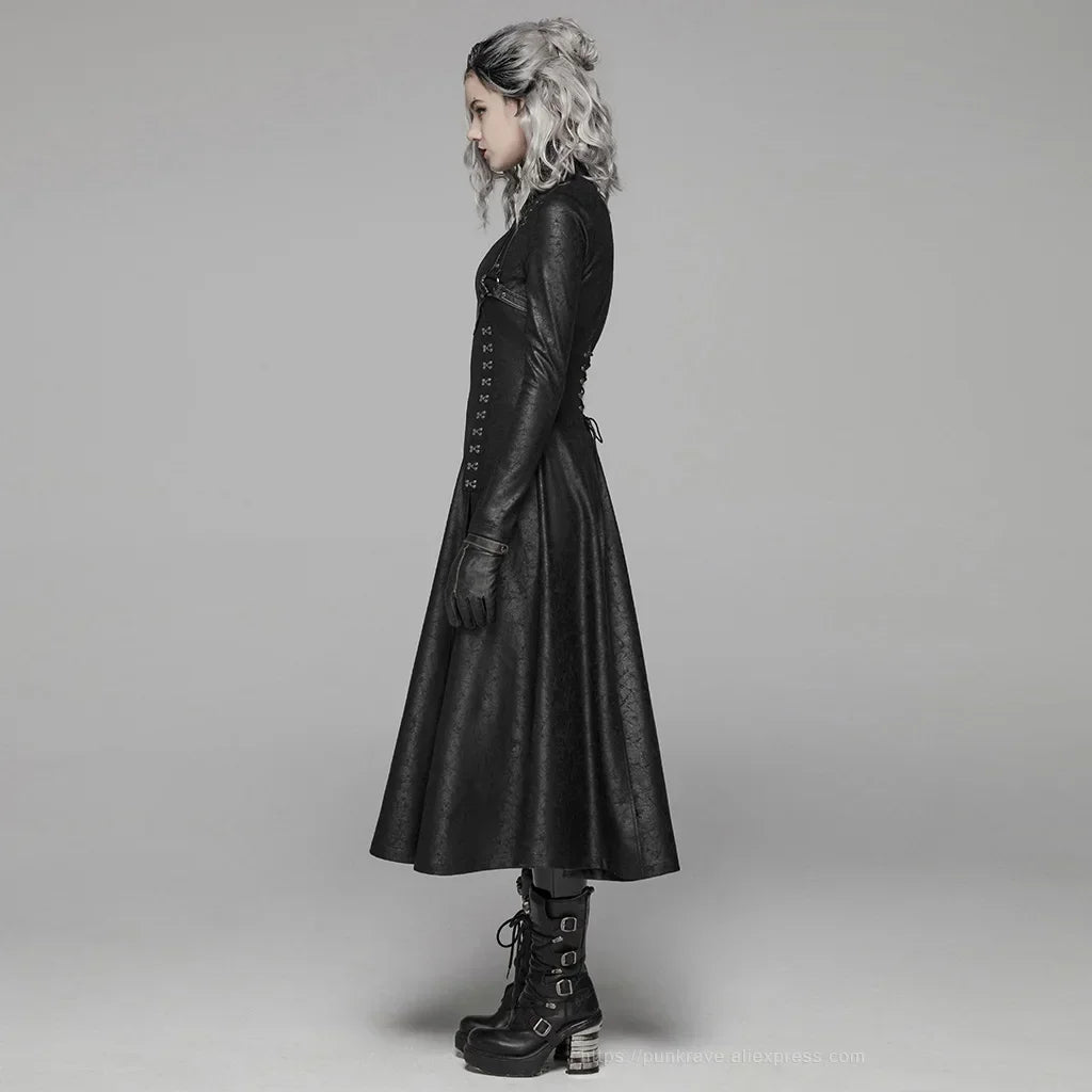 PUNK RAVE Women's Dark Punk Front Zipper Stand Collar Maxi Overcoat Goth Stage Performance Cosplay Womens Trench Long Coats