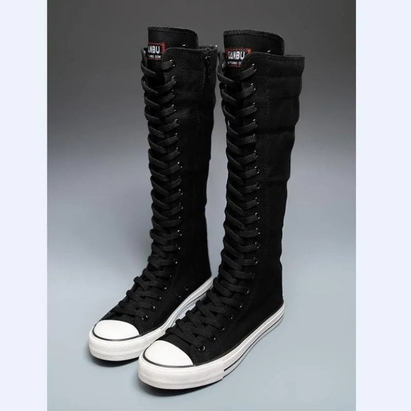2025 New High Top Canvas Shoes for Women's Korean Edition Long Boot Lace-Up Zipper Comfortable Boot Zapatos De Mujer Tendencia