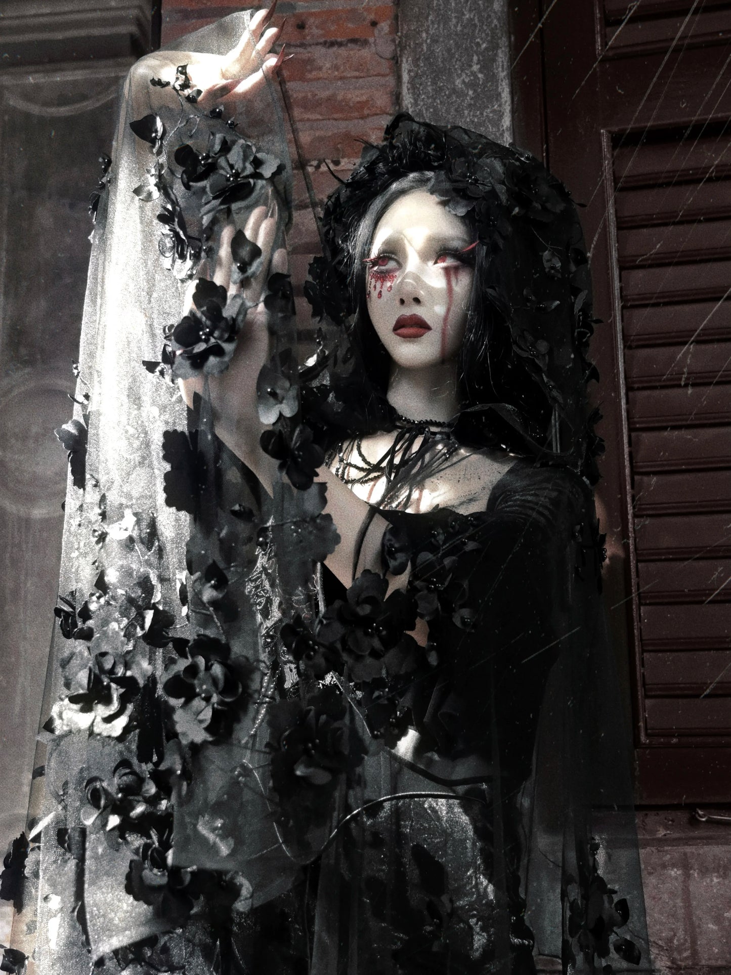 Blood Supply Original Design Gothic Florals Beading Embroidery Hooded Long Ponchos Transparent Meash Halloween Cape Winter