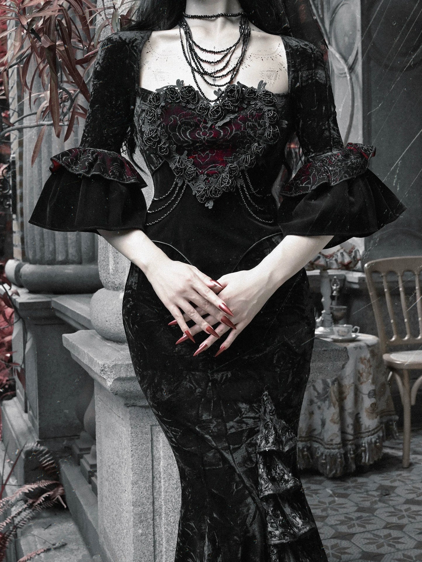 Blood Supply Original Design Bloody Red Black Gothic Velvet Tube Strapless Dress Trumpet Long Slim Party Vestido Halloween