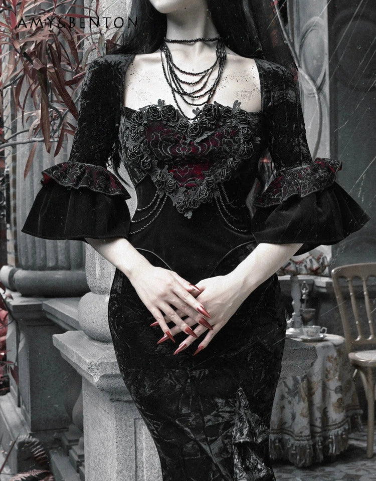 Blood Supply Original Retro Palace Style Goth Velvet Tube Top Dress Mermaid Dress Halloween Winter Subculture Sexy Hot Girl Sets