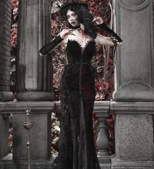 Blood Supply Original Design Vampire Black Red Dress Lace Patch Gothic Velvet Trumpet Sleeveless Sexy X-Long Dress Halloween