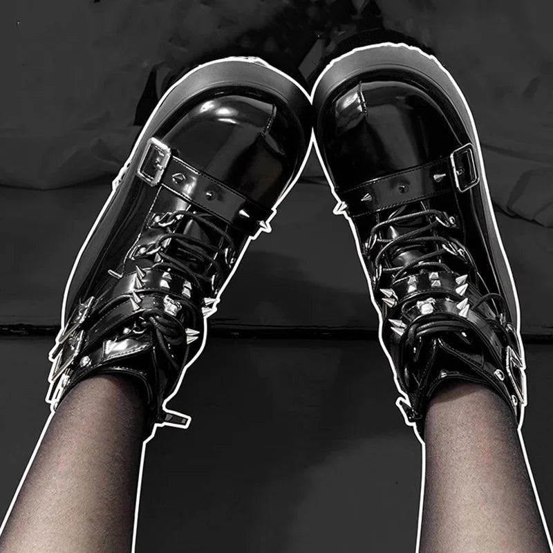 Punk Chunky Platform Ankle Boots Women Spring Autumn Patent Leather Black Boots Woman Metal Buckle Lolita Gothic Shoes Mujer