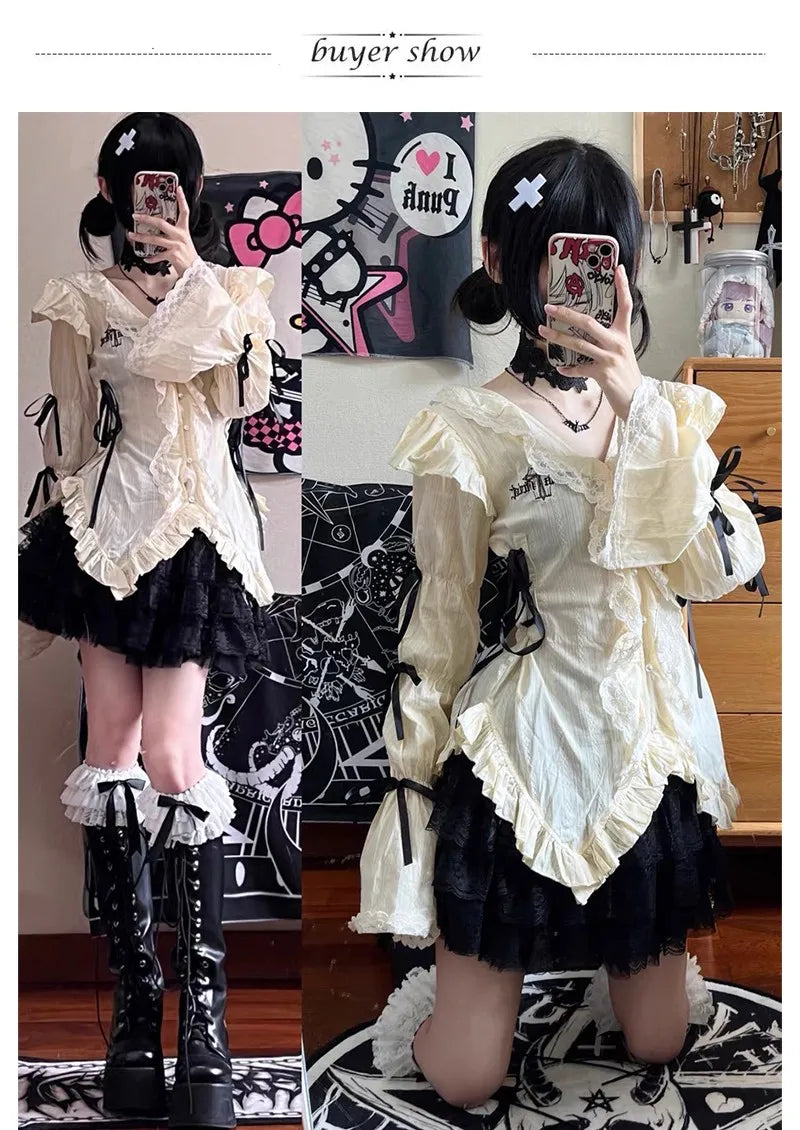 Karrram Y2k Aesthetics Lace Shirt Grunge Gothic Irregular Blouses Fairy Harajuku Bandage Shirt Vintage Lolita Clothes Mall Goth