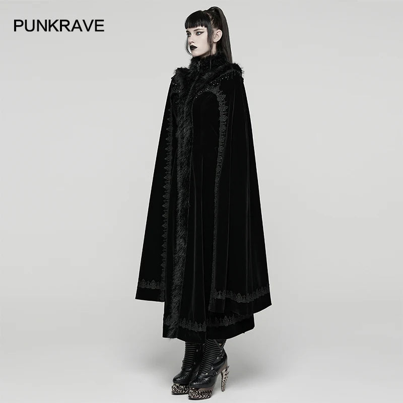 PUNK RAVE Women's Gothic Gorgeous Splendor Weft Velveteen Tassel Cloak Coat Mysterious Elegant Adjustable Drawstring Long Cape
