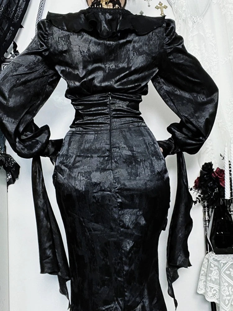 AltGoth Vintage Gothic Black Shirts Women Palace Style Streetwear Y2k E-girl Harajuku V-neck Ruffle Long Sleeve Bluose Cosplay