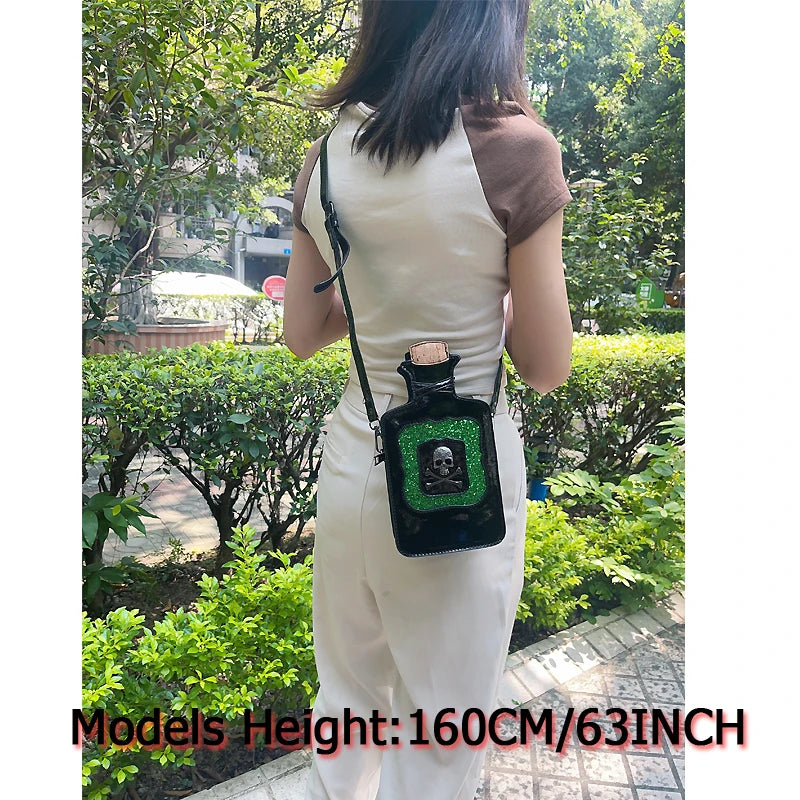 Gothic Kitsch Poison Bottle Shaped Handbag and Purse for Women Dark Lolita Skull Decoration Punk Goth Style Girls Shoulder Bags