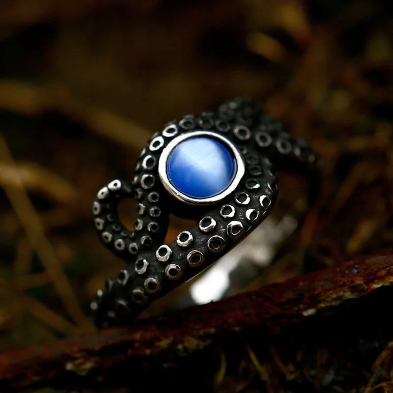 Antique Style Stainless Steel Men's Ring with Skull Octopus Design Gemstone Inlay Retro Punk Gothic Biker Fashion Jewelry