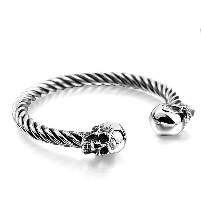 High Quality Stainless Steel Double Skull Bracelet Vintage Men Accessories Skeleton Bangle Fashion Charm Biker Jewelry Wholesale
