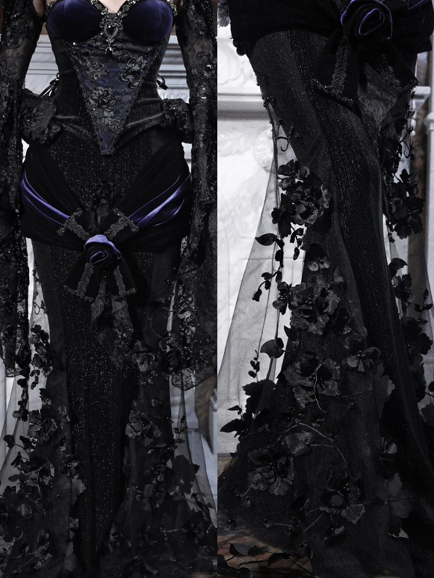 Blood Supply Original Design Gothic Luxury Embroid Mesh Patch Trumpet Skirt Rose X-long Halloween Velour Skirts Jupe Autumn