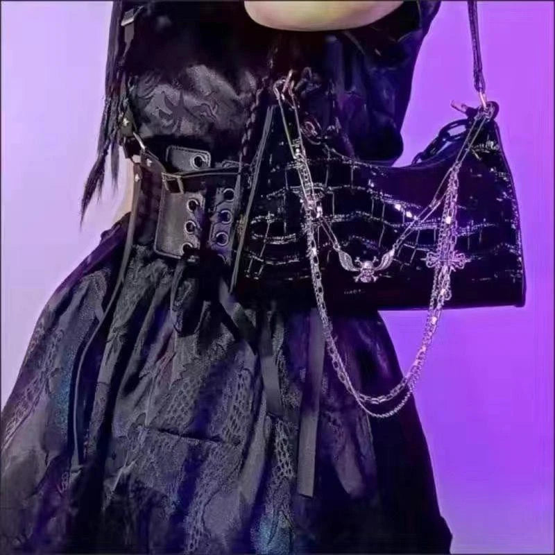 Gothic Dark Punk Underarm Bag With Skull Shoulder Bag Y2k Chain Crocodile Pattern Crossbody Bag Korean Popular Aesthetic Bags