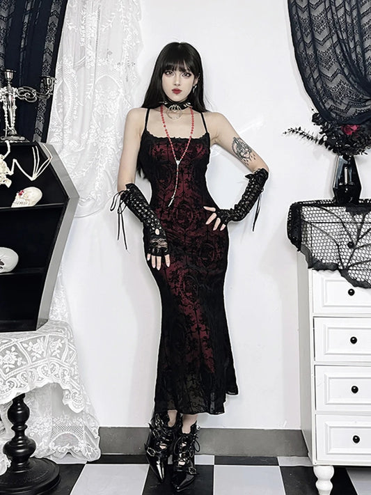AltGoth Vintage Elegant Red and Black Lace Goth Dress