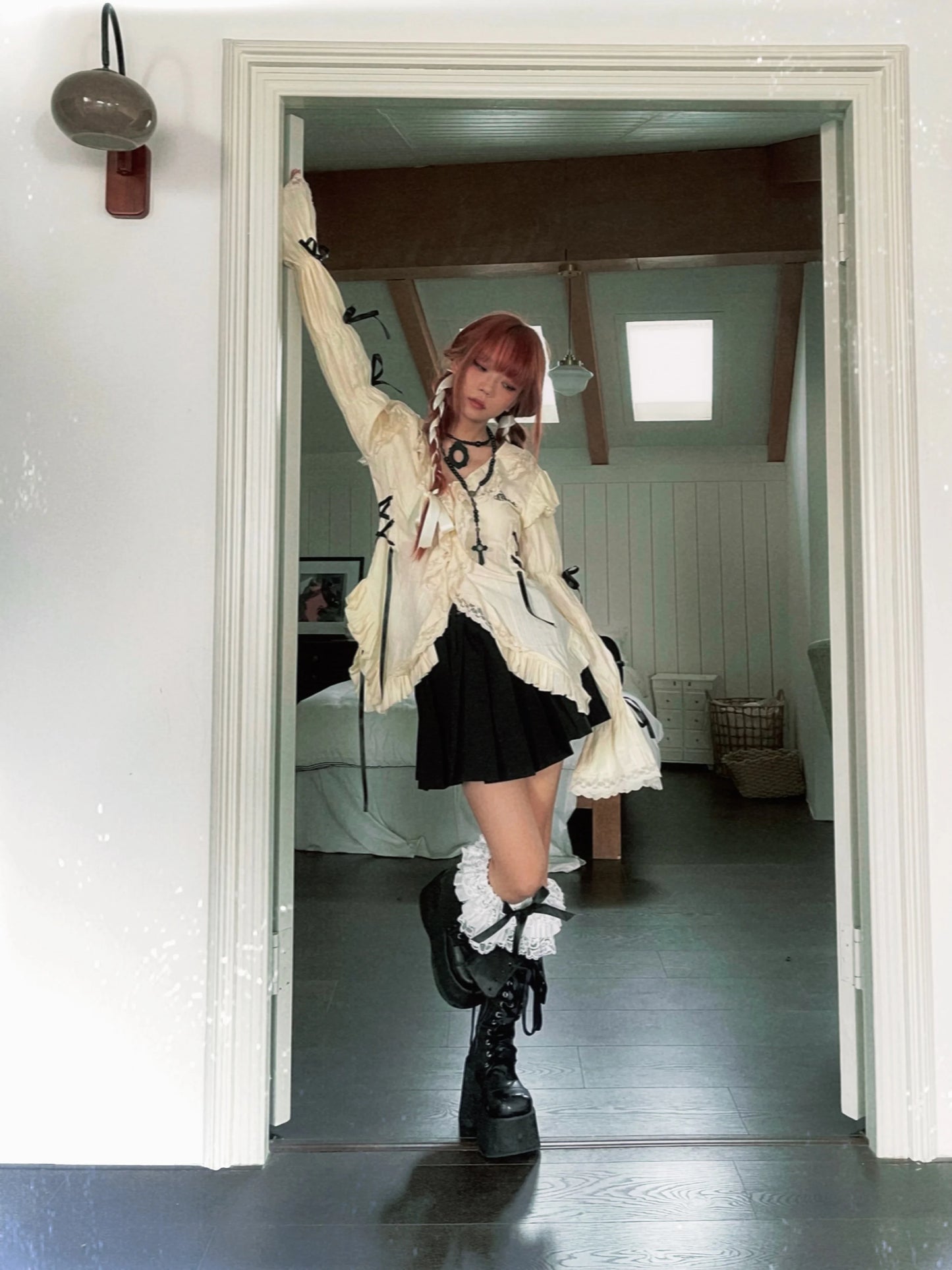 Karrram Y2k Aesthetics Lace Shirt Grunge Gothic Irregular Blouses Fairy Harajuku Bandage Shirt Vintage Lolita Clothes Mall Goth