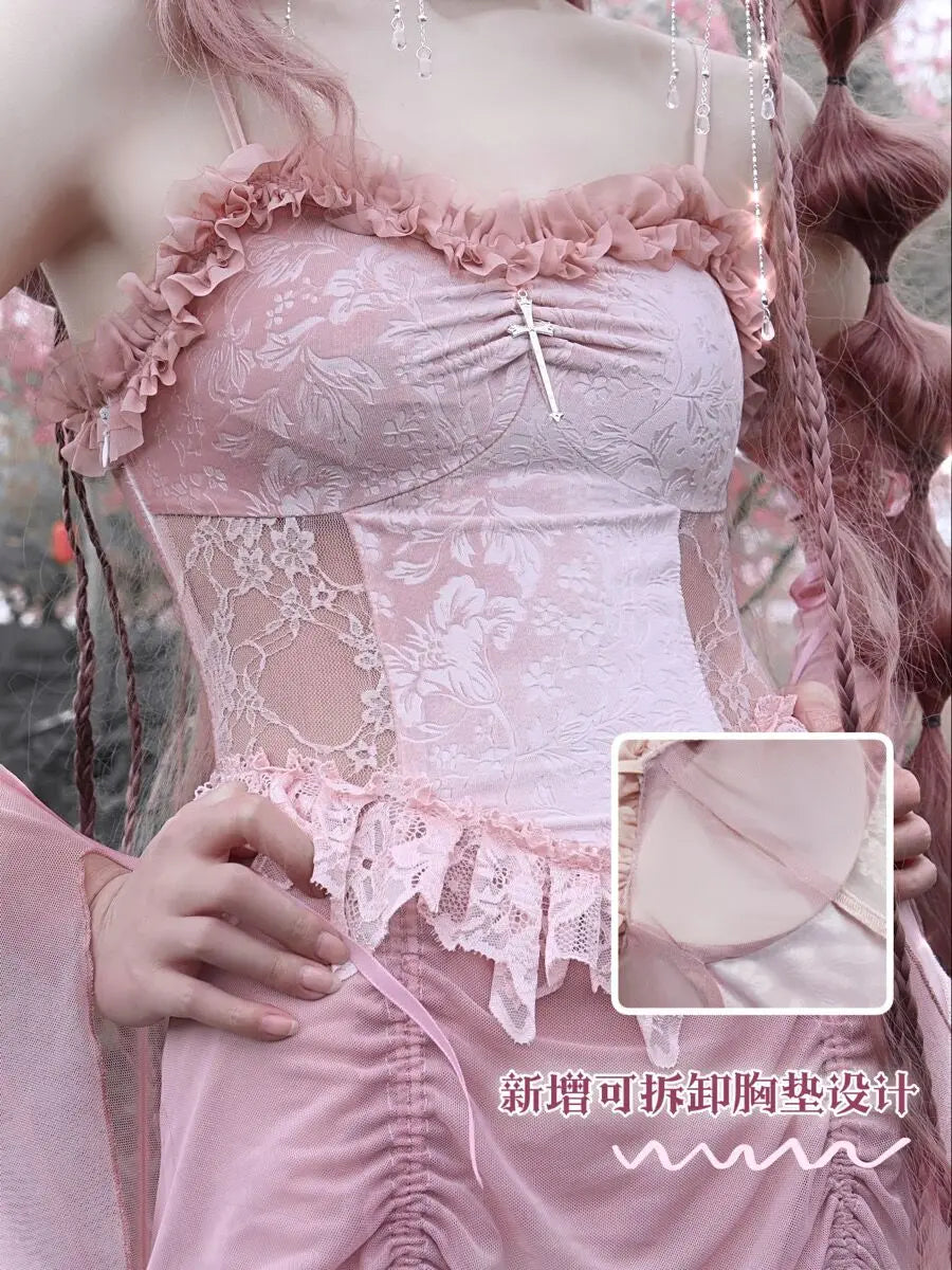 Blood Supply Original Pink Light Lolita Summer Dress Drawstring Asymmetric Slip Dress Lace Fly Sleeve Mesh Fairy Gothic Dress
