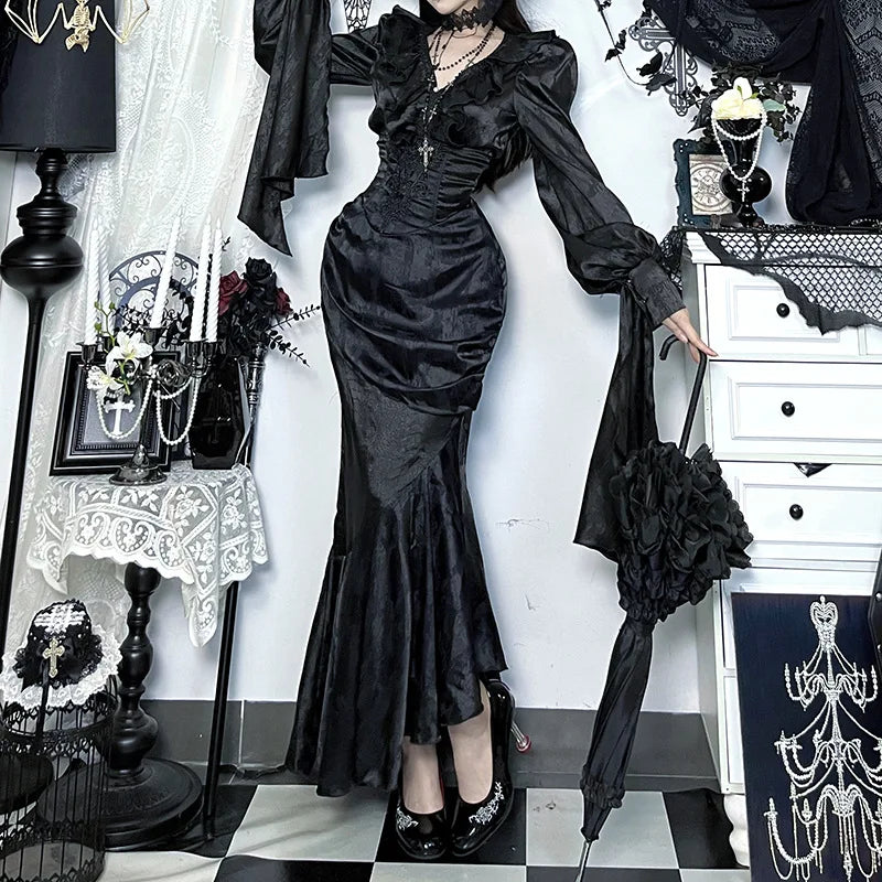 AltGoth Vintage Gothic Black Shirts Women Palace Style Streetwear Y2k E-girl Harajuku V-neck Ruffle Long Sleeve Bluose Cosplay