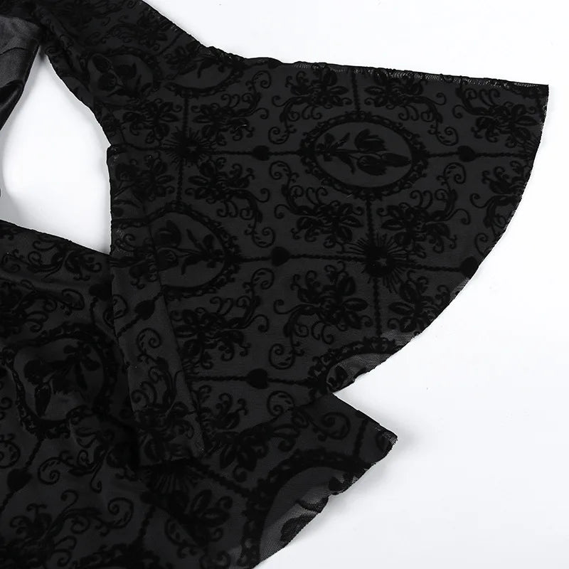 Goth Dark Elegant Vintage Mall Gothic Velvet Dresses Grunge Punk Style Flocked Bandage Dress Women Flare Sleeve Party Alt Outfit