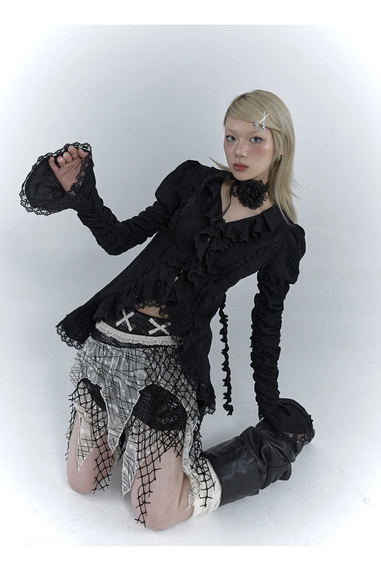 Karrcat Gothic Black Lace Shirt Dark Aesthetic Irregular Blouses Yamamoto Style Grunge Flare Sleeve V-neck Shirt Vintage Y2k Emo