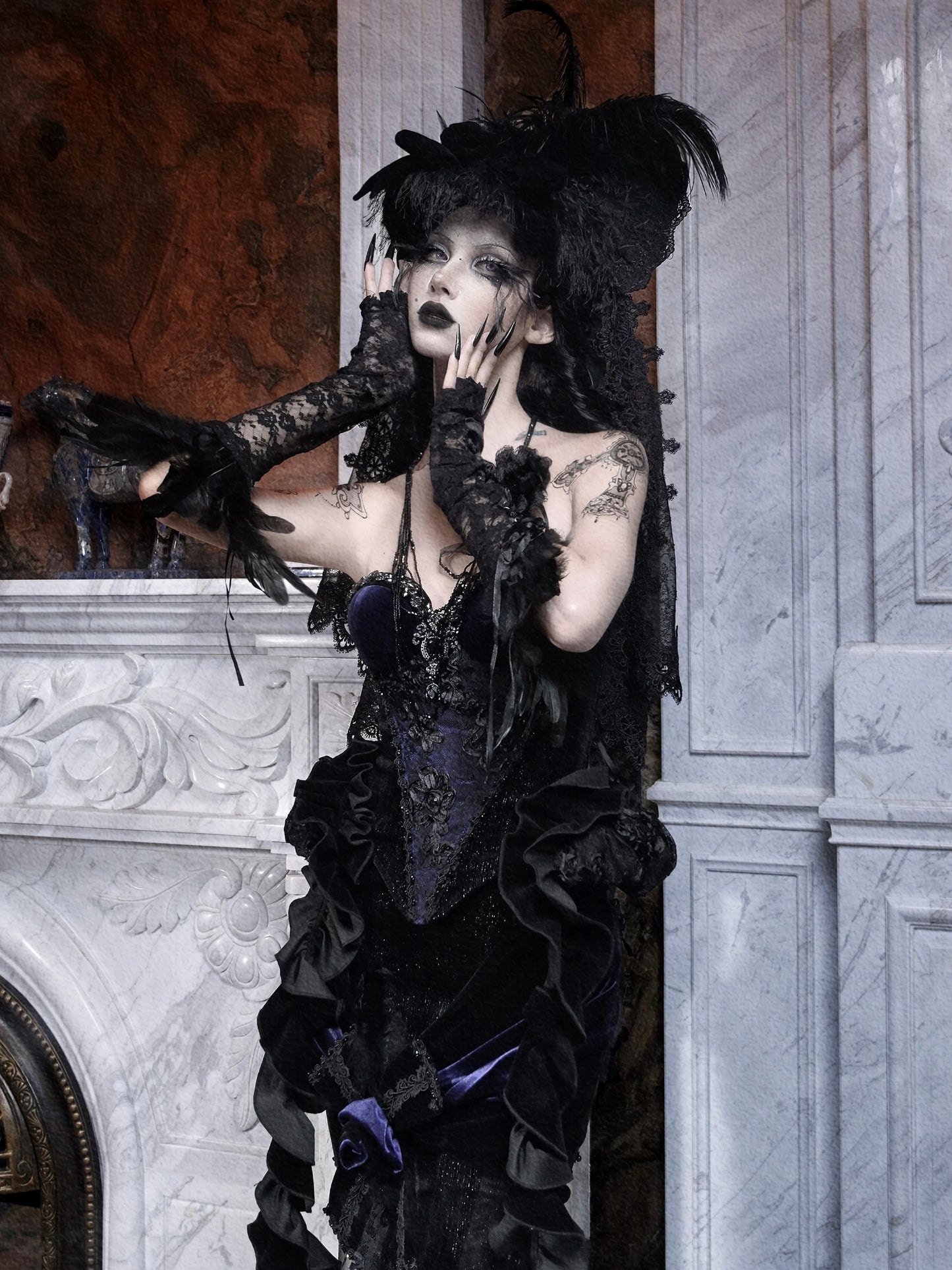 Blood Supply Original Design Death Dark Blue Gothic Shiny Diamonds Beading Velour Jupe Vestido Halloween Luxury Slim Tube Top