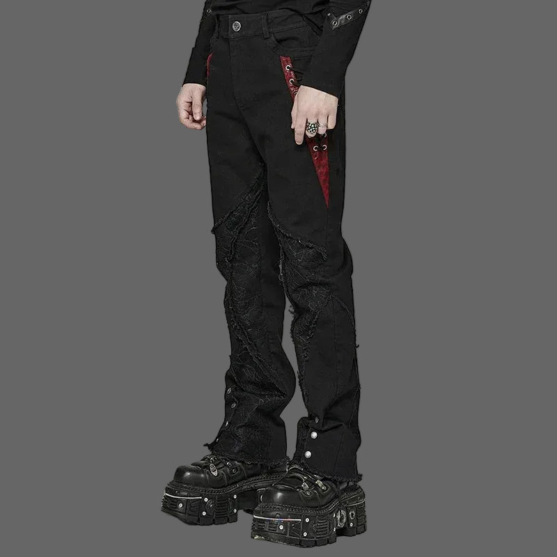 PUNK RAVE Men's Punk Cool Personality Spider Mesh Pants Gothic Irregularly Divided Casual Raw Edge Black Denim Coven Couture Collective