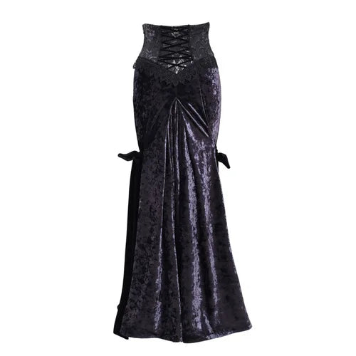 Blood Supply New Purple Velvet Slim-fit Lace-up Fishtail Skirt Gothic Lace Party Halloween Trumpet Long Skirt for Women 2023
