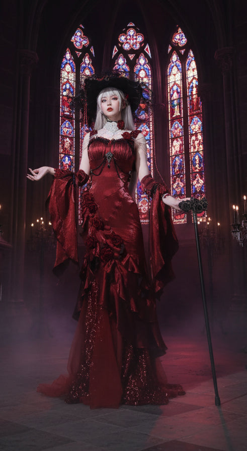 Red Rose Lolita Slimming Long Asymmetrical Fishtail Dress Coven Couture Collective