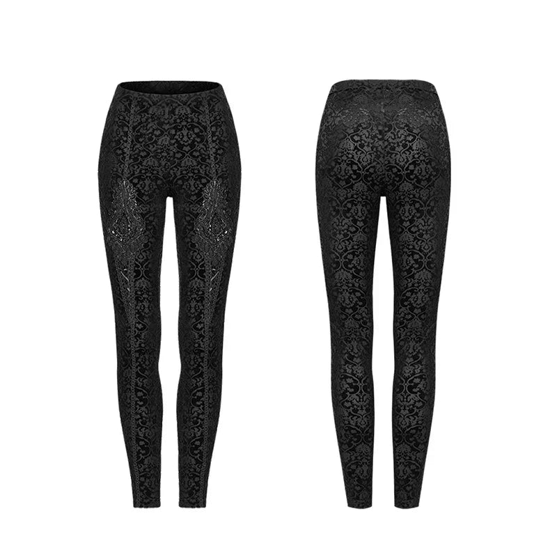 PUNK RAVE Women's Gothic Palace Retro Burn Out Flower Leggings Daily Wear Adjustable Elastic Band Skinny Delicate Pencil Pants