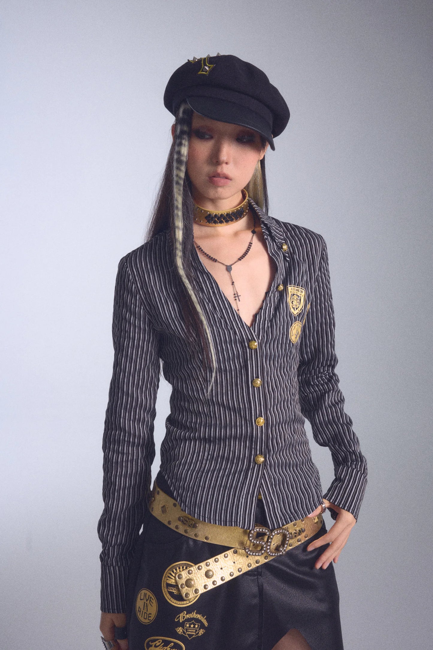 Karrcat Grunge Aesthetics Gold Foil Print Shirt Vintage Y2k V-neck Striped Shirt Trashy 2000s Style Slim Blouses Harajuku Retro