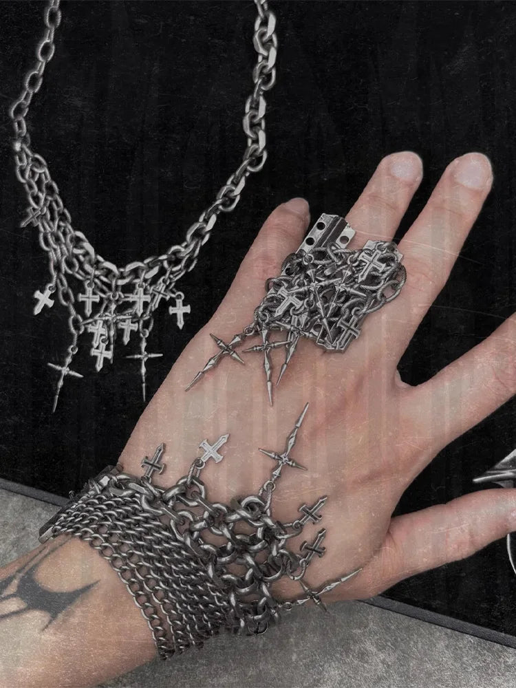 Gothic Cross Chain Jewellery Set for Women Men, Punk Statement Necklaces Rings Accessories, Edgy Party Jewellery Collection