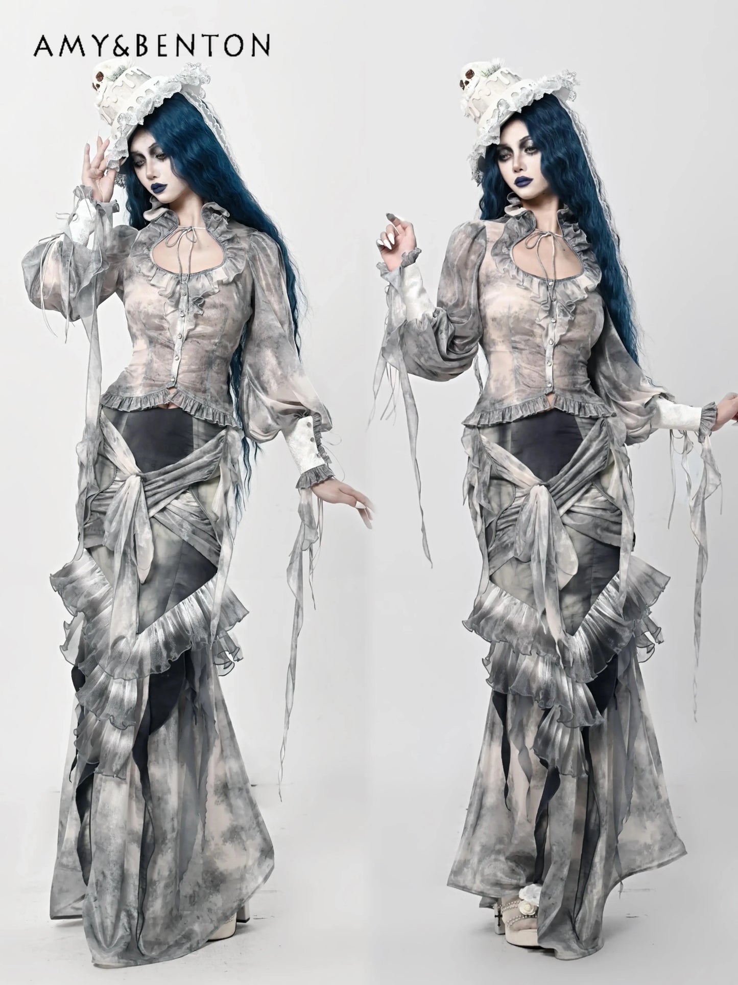 Blood Supply Original Design Goth Chiffon Tie-dye Old Lantern Sleeve Shirt Sexy Fishtail Skirt Two Piece Sets Womens Outifits