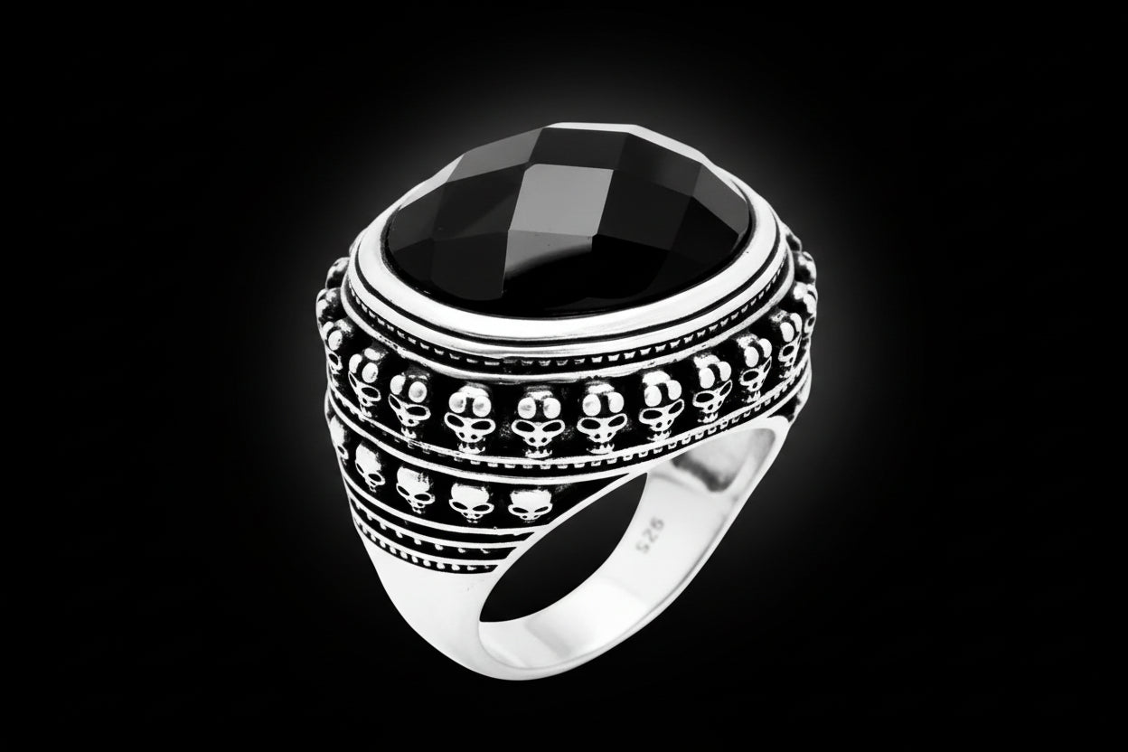 Black Oval CZ Skull Skeleton Ring 925 Sterling Silver Unisex Fashion