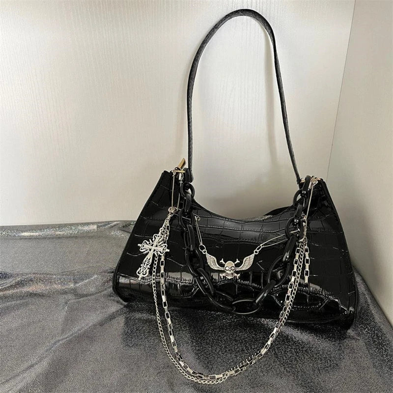 Gothic Dark Punk Underarm Bag With Skull Shoulder Bag Y2k Chain Crocodile Pattern Crossbody Bag Korean Popular Aesthetic Bags