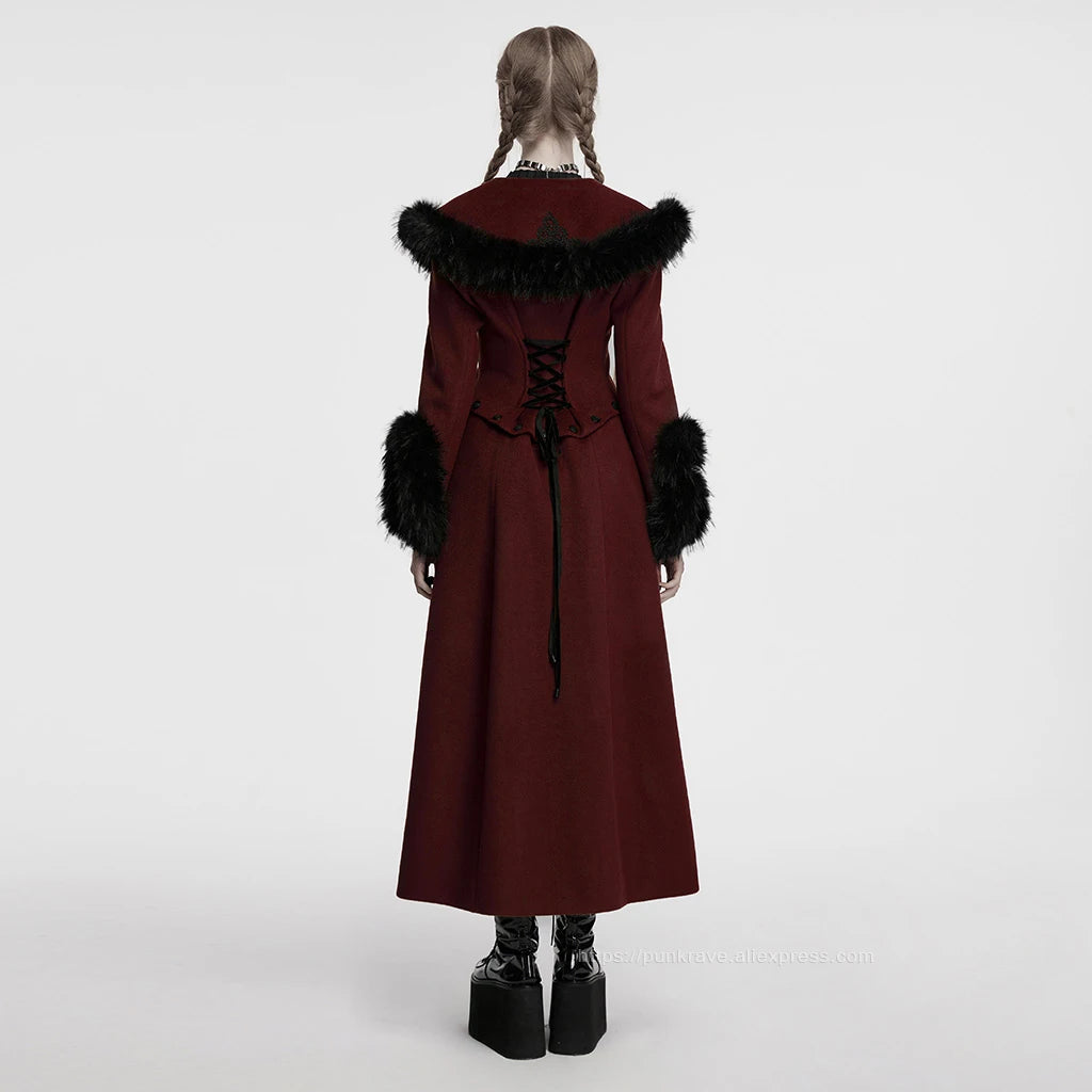 PUNK RAVE Women's Detachable Fur Collar & Hem Two-piece Jacket Gothic Atmosphere Adjustable Waist Long Coat Fall Winter