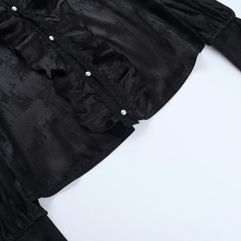 AltGoth Vintage Gothic Black Shirts Women Palace Style Streetwear Y2k E-girl Harajuku V-neck Ruffle Long Sleeve Bluose Cosplay