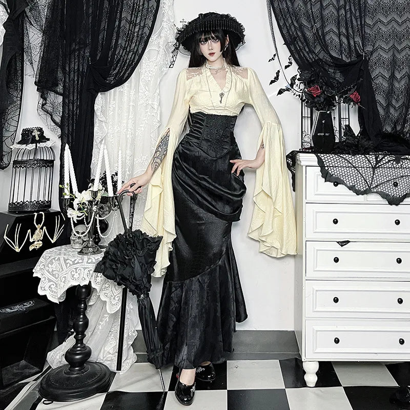 AltGoth Subculture Vintage Gothic Skirt Women Dark Palace Style Y2k E-girl Streetwear Embroidery High Waist Fishtail Skirt Femme