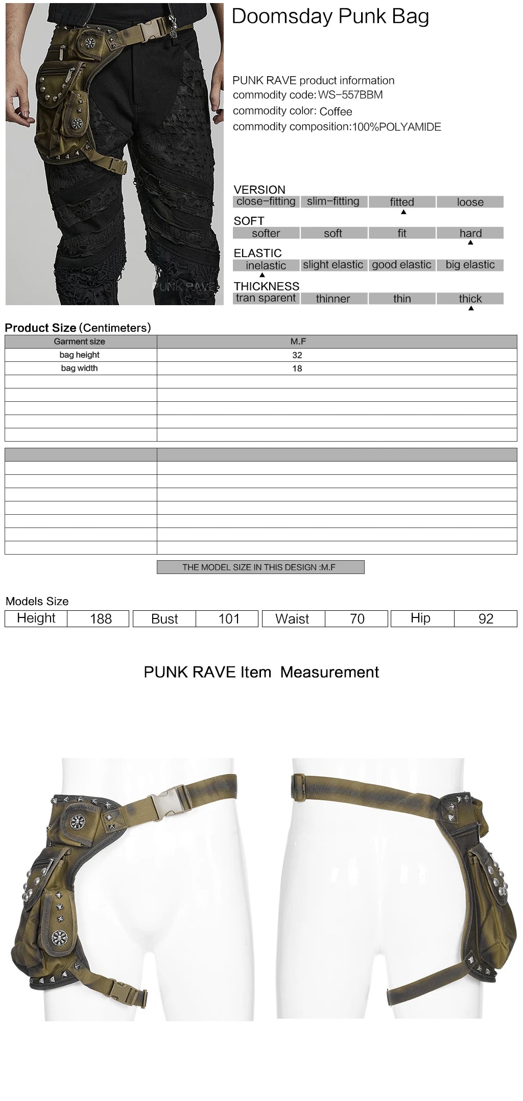 PUNK RAVE Men's Punk Doomsday Irregular Shape Rivets Personalized Bag Webbing Can Adjust Tightness Men Accessories