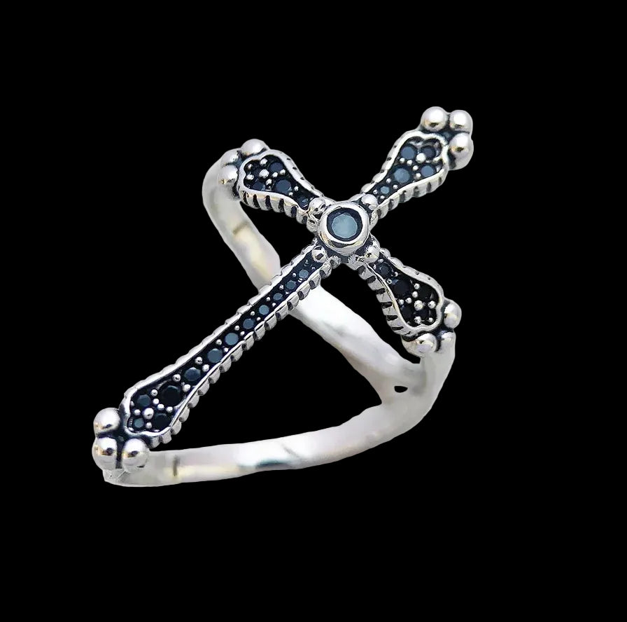 Victorian Royalty Cross Ring with Black Stones for Women 925 Sterling Silver Vintage Jewellery