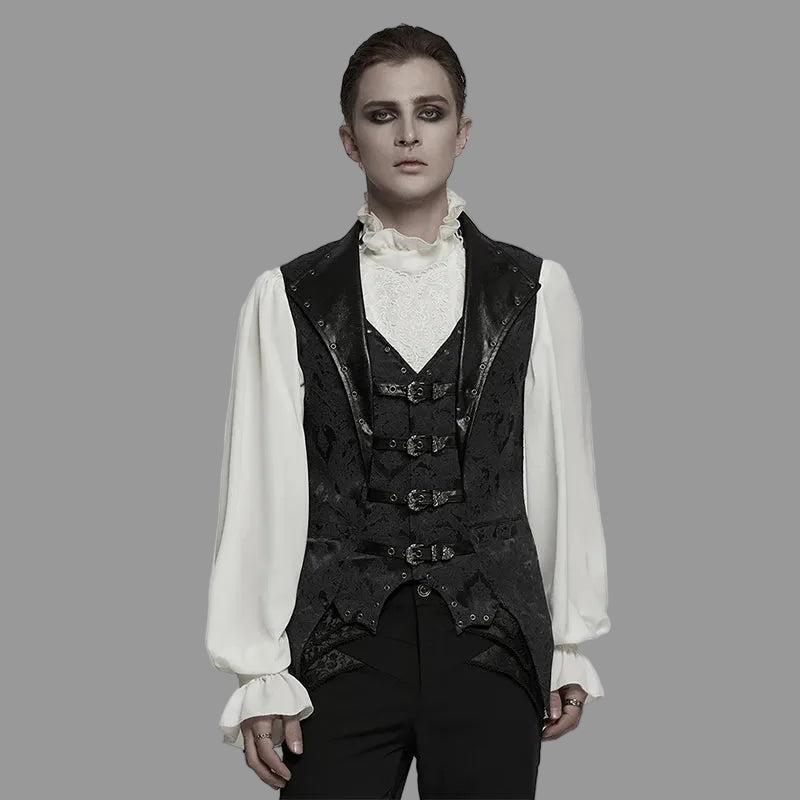 PUNK RAVE Men's Gothic Gorgeous Nobility Jacquard Lapel Textured Leather Vest Bat Shaped Hem Power Sense Waistcoat Coven Couture Collective
